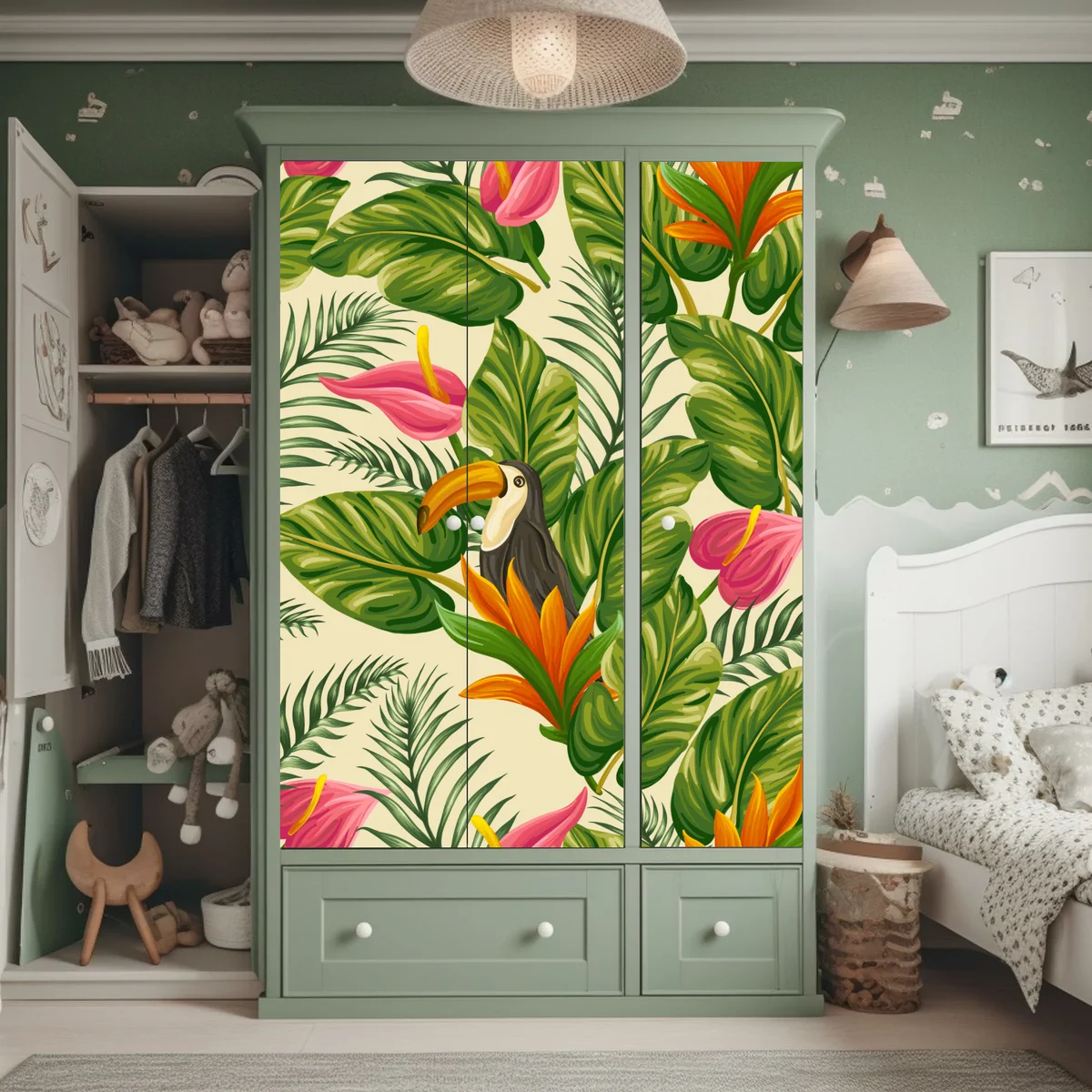 Schrankaufkleber tropisches botanisches muster mit tukan Schrankaufkleber tropisches botanisches muster mit tukan