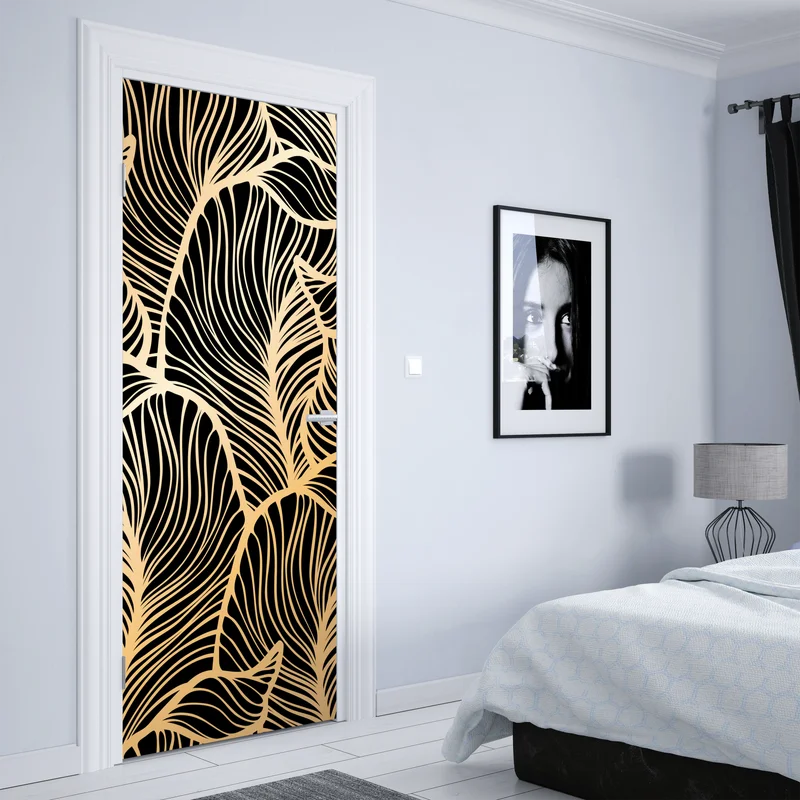 Türaufkleber goldenes blattmuster auf schwarzem hintergrund