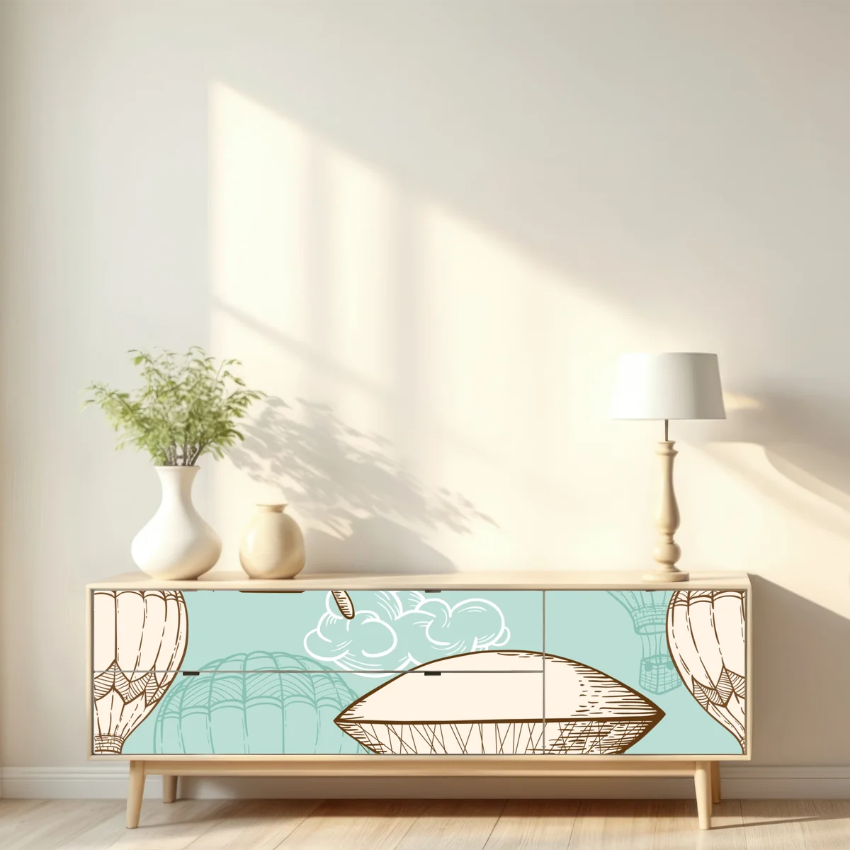 Repositionierbarer Aufkleber vintage-motiv mit luftschiffen und ballons Repositionierbarer Aufkleber vintage-motiv mit luftschiffen und ballons