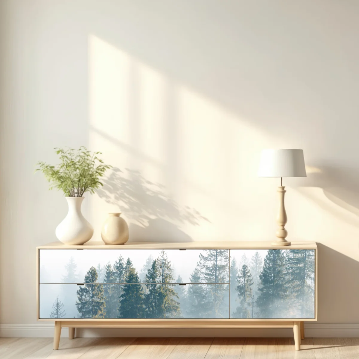 Repositionierbarer Aufkleber nebliger fichtenwald am morgen Repositionierbarer Aufkleber nebliger fichtenwald am morgen