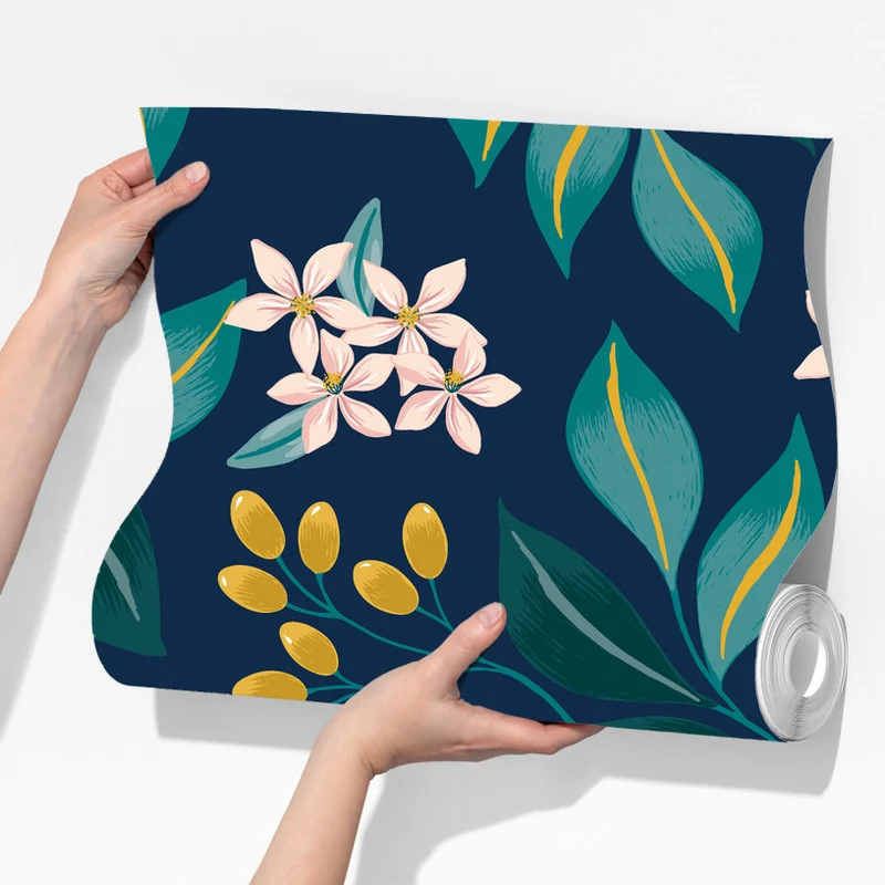 Fototapete botanisches zitronen- und orangenmuster auf marineblauem hintergrund Fototapete botanisches zitronen- und orangenmuster auf marineblauem hintergrund