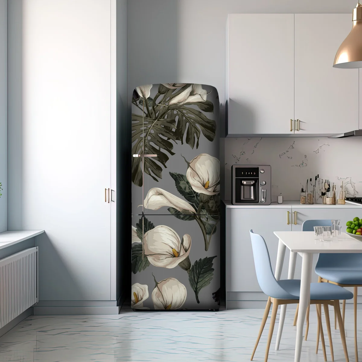 Kühlschrankaufkleber vintage calla blumenmuster auf grauem hintergrund Kühlschrankaufkleber vintage calla blumenmuster auf grauem hintergrund