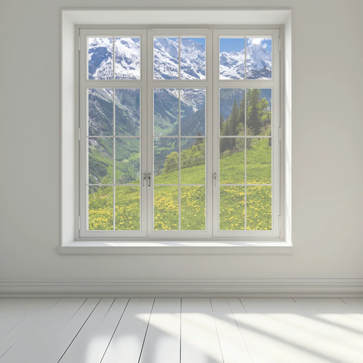 Fensteraufkleber alpwiese im frühling vor schneebedeckten gipfeln Fensteraufkleber alpwiese im frühling vor schneebedeckten gipfeln