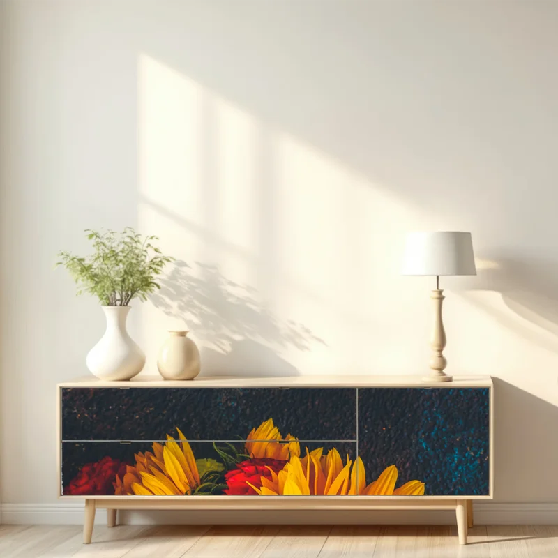 Repositionierbarer Aufkleber lebendiger sonnenblumenstrauß vor dunklem hintergrund