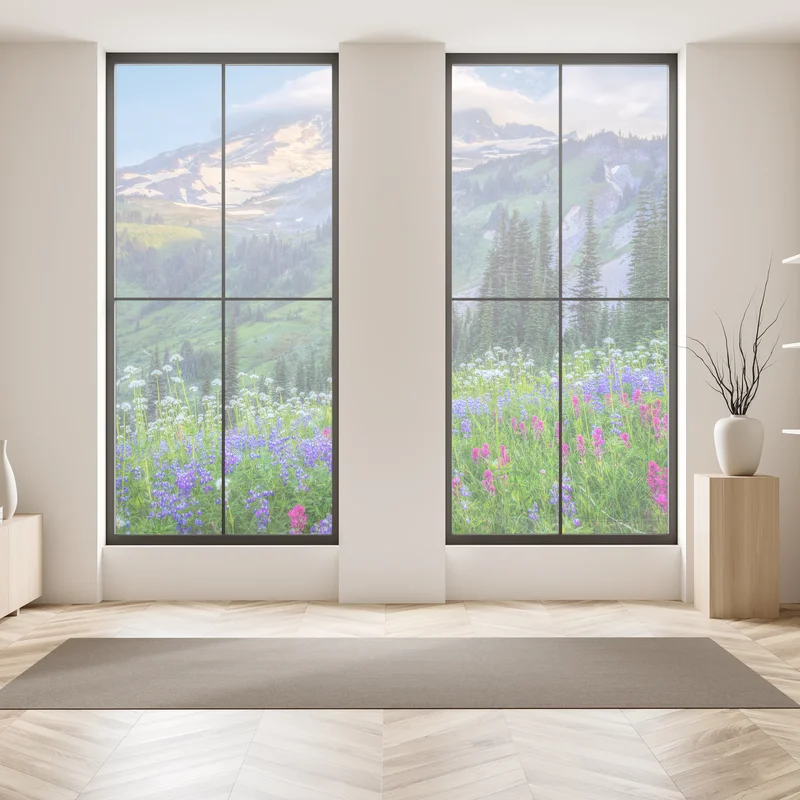 Fensteraufkleber alpine blumenwiese vor schneebedeckten bergen