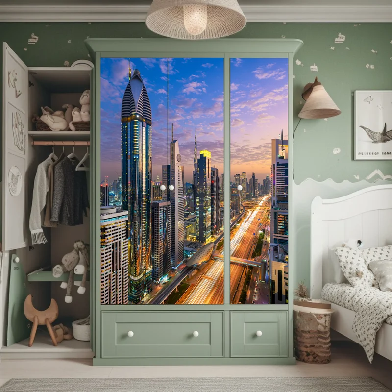 Schrankaufkleber stadtszene Dubais bei dämmerung