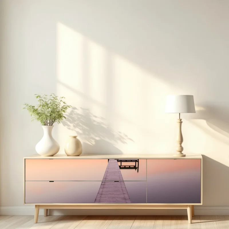 Repositionierbarer Aufkleber ruhiger steg im frühaufgang über pastellfarbenem see