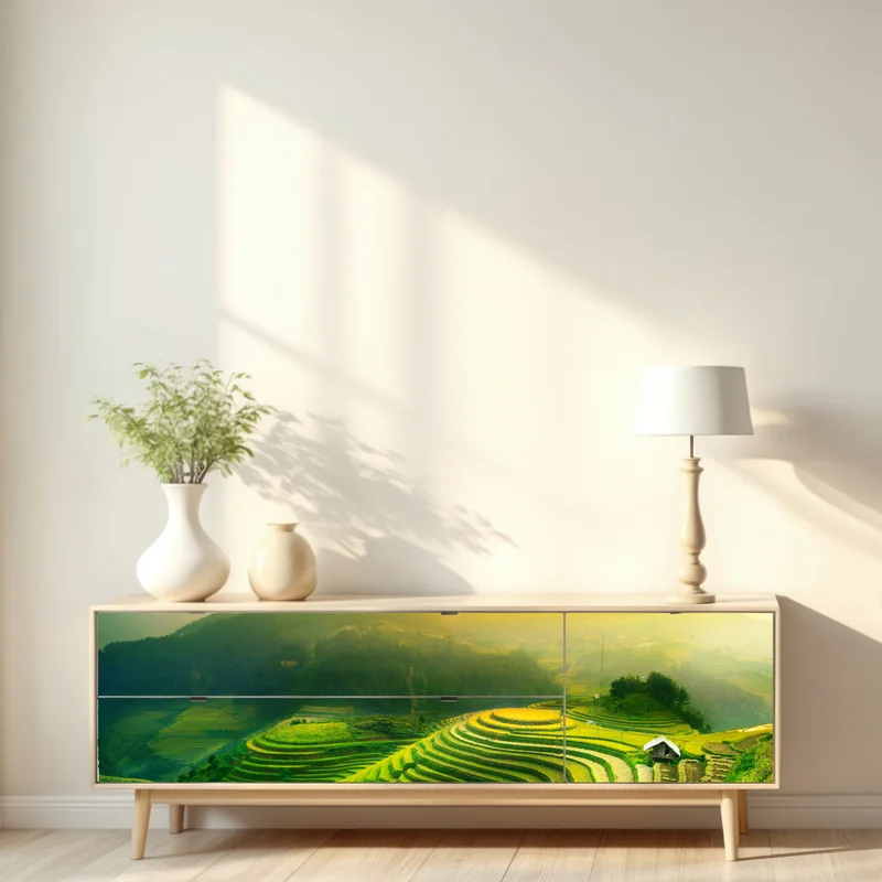 Repositionierbarer Aufkleber goldene reisterrassen im morgenlicht