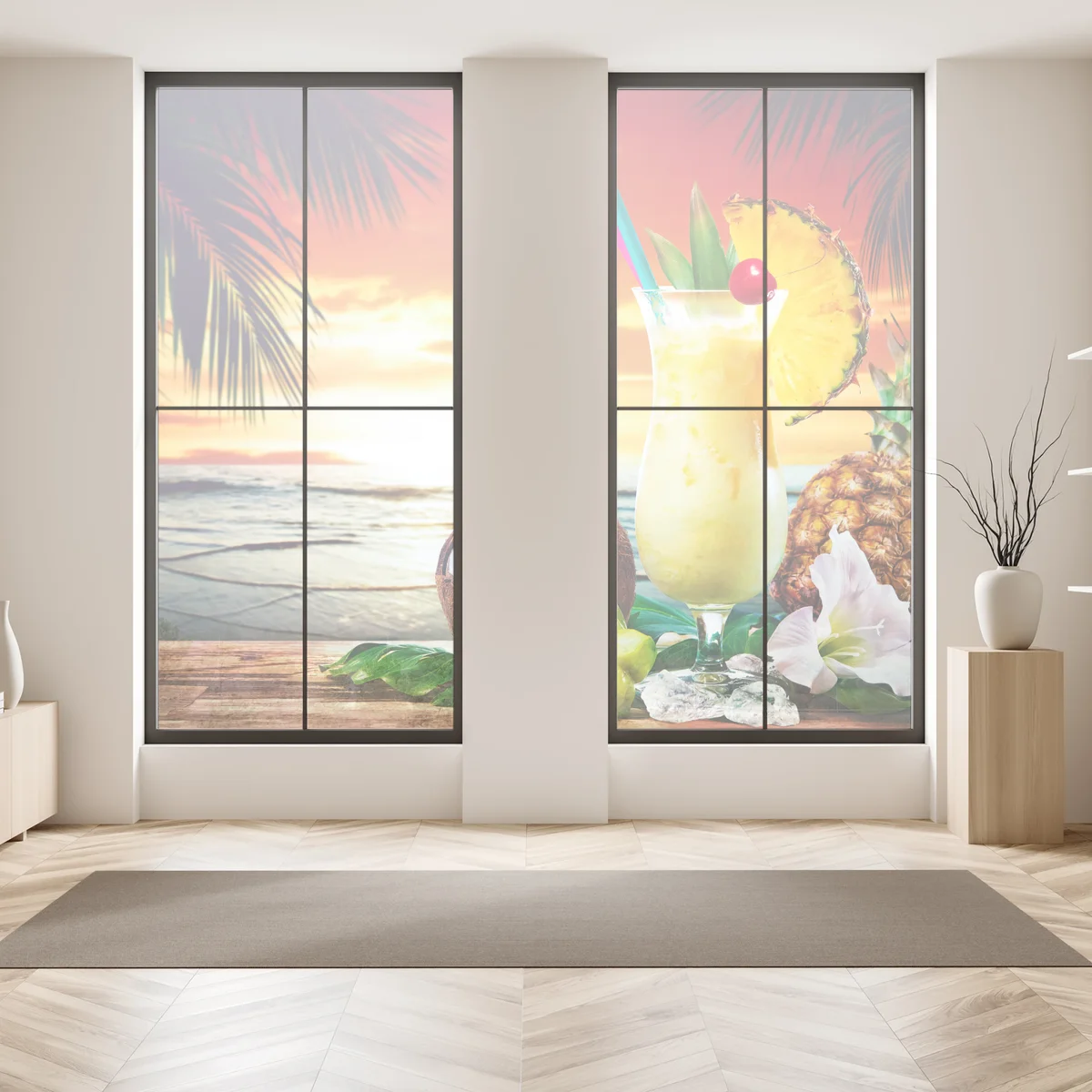 Fensteraufkleber tropischer kokos-ananas-cocktail am strand bei sonnenuntergang Fensteraufkleber tropischer kokos-ananas-cocktail am strand bei sonnenuntergang