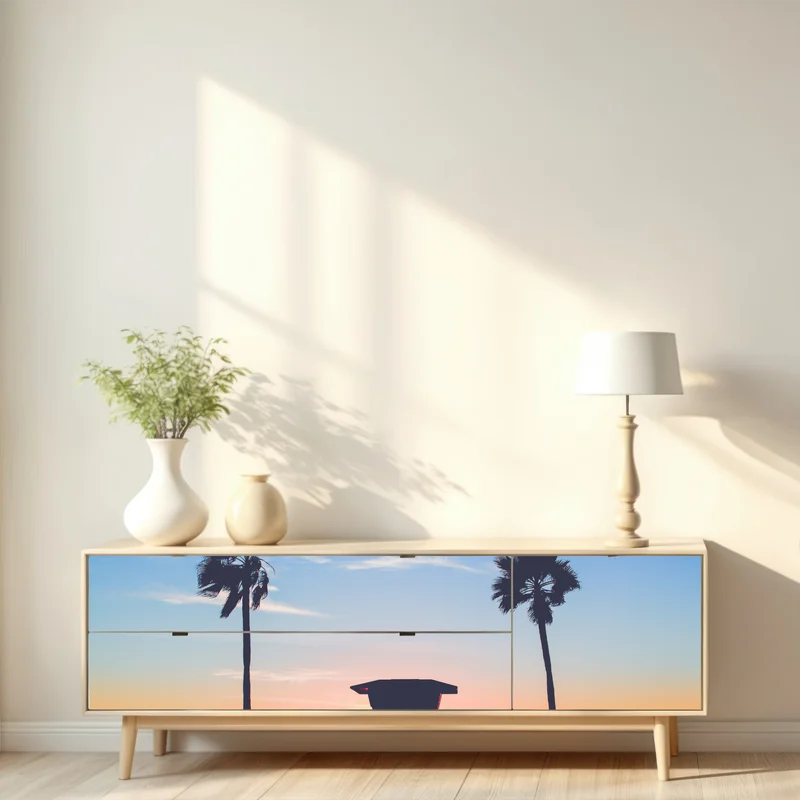 Repositionierbarer Aufkleber sonnenuntergang am strand mit palmen und rettungsturm Repositionierbarer Aufkleber sonnenuntergang am strand mit palmen und rettungsturm