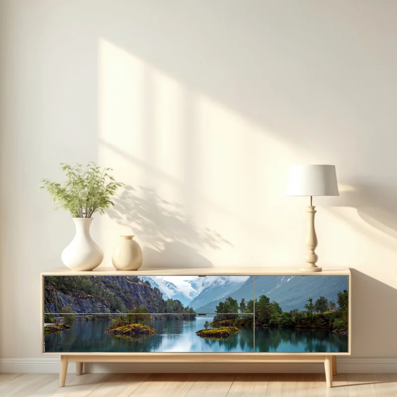 Repositionierbarer Aufkleber Lovatnet see mit spiegelung in nebeligen bergen Norwegens