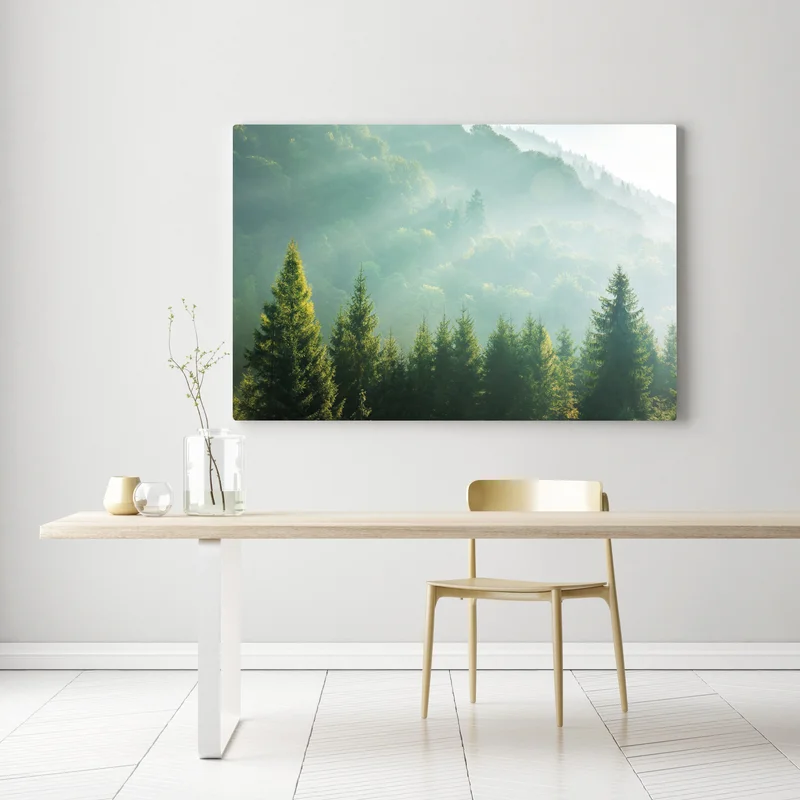 Leinwandbild neblige fichtenspitzen im morgenlicht Leinwandbild neblige fichtenspitzen im morgenlicht