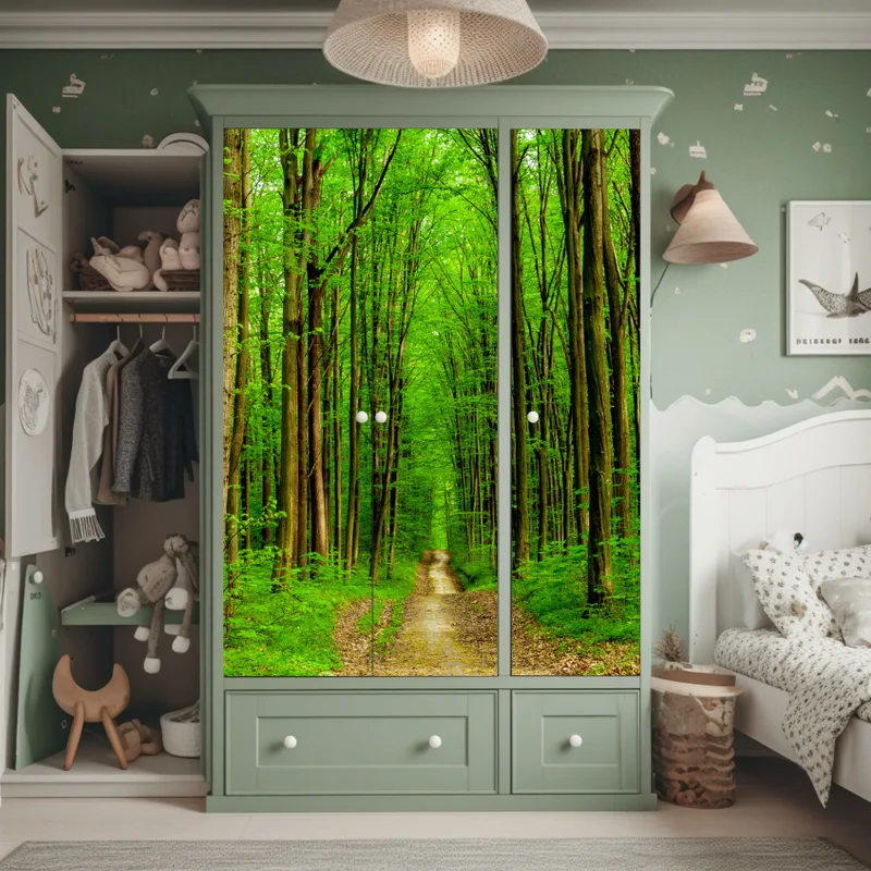 Schrankaufkleber grüner waldweg im frühling