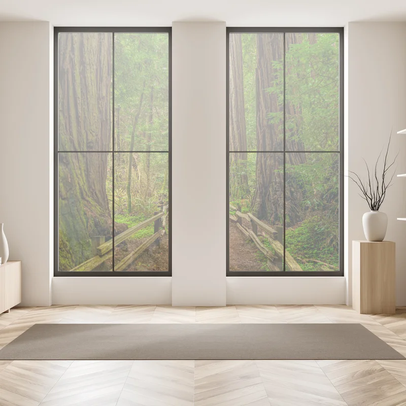 Fensteraufkleber majestätischer waldpfad zwischen mammutbäumen Fensteraufkleber majestätischer waldpfad zwischen mammutbäumen