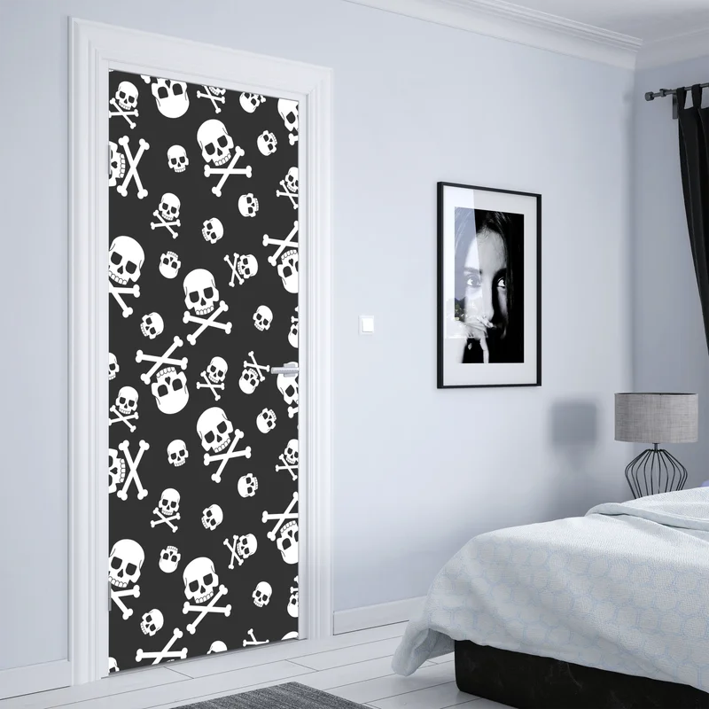 Türaufkleber weißes totenkopf muster auf grauem hintergrund