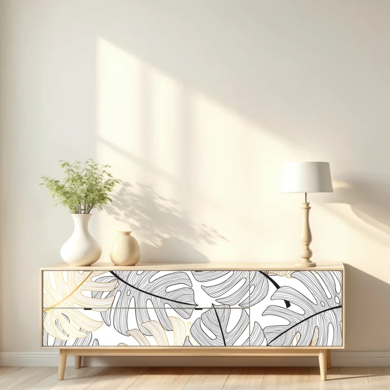 Repositionierbarer Aufkleber monstera-blattmuster mit goldakzenten