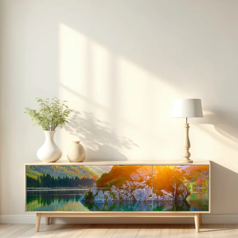 Repositionierbarer Aufkleber sonnenuntergang über Hintersee felseninsel