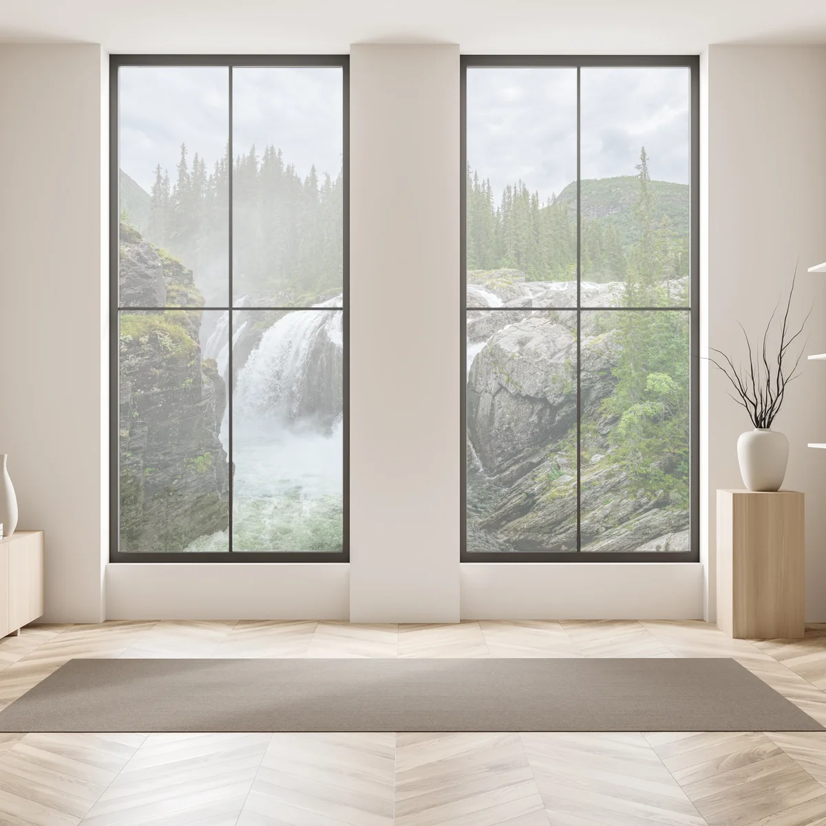 Fensteraufkleber nebliger wasserfall im dichten kiefernwald Fensteraufkleber nebliger wasserfall im dichten kiefernwald