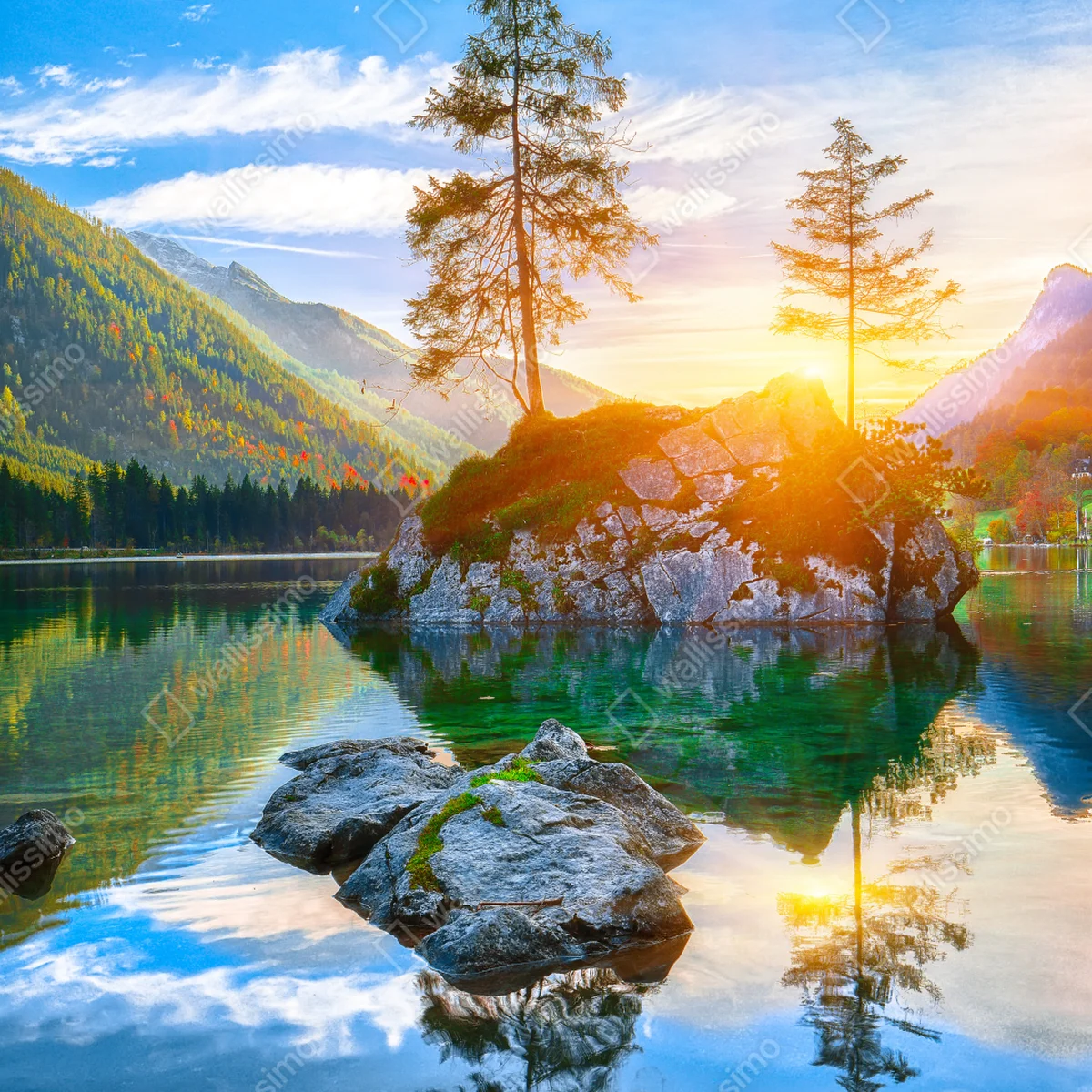 Repositionierbarer Aufkleber sonnenuntergang über Hintersee felseninsel Repositionierbarer Aufkleber sonnenuntergang über Hintersee felseninsel