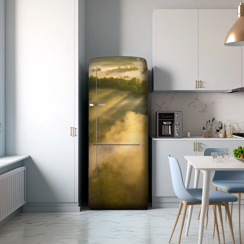 Kühlschrankaufkleber goldener morgen über nebligem fluss Kühlschrankaufkleber goldener morgen über nebligem fluss