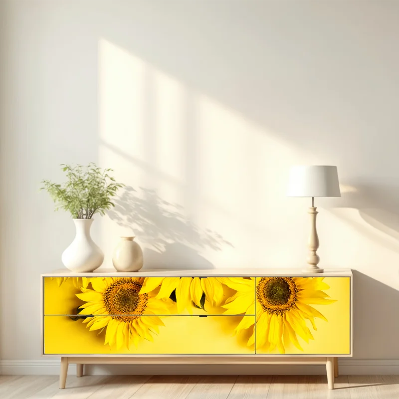 Repositionierbarer Aufkleber leuchtender sonnenblumenstrauß auf gelbem hintergrund Repositionierbarer Aufkleber leuchtender sonnenblumenstrauß auf gelbem hintergrund