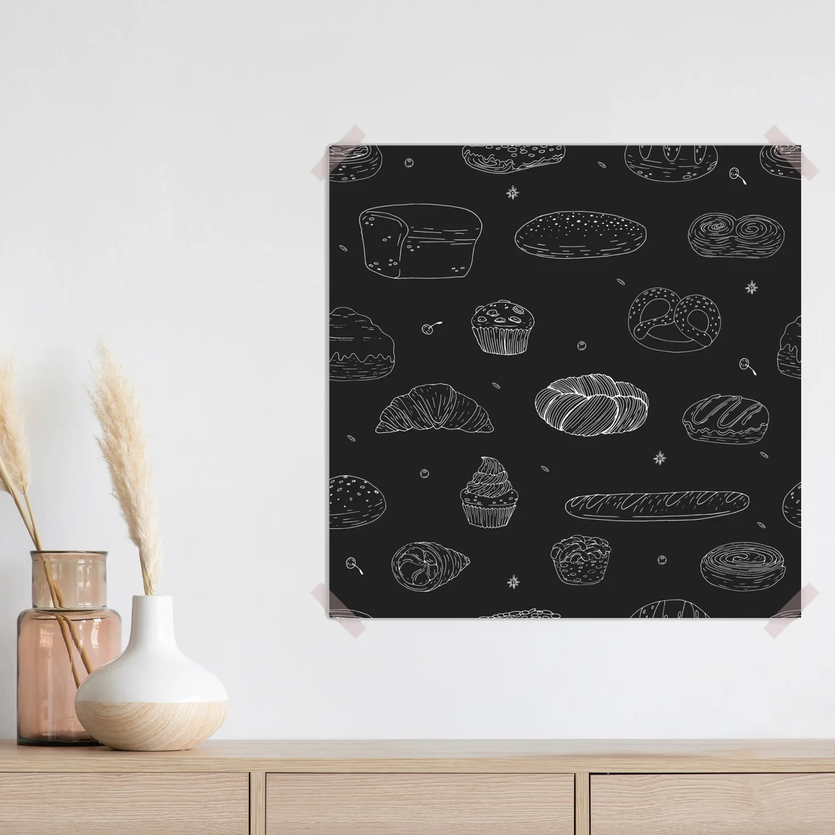Poster handgezeichnetes gebäckmuster auf dunklem hintergrund Poster handgezeichnetes gebäckmuster auf dunklem hintergrund