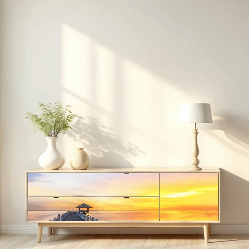 Repositionierbarer Aufkleber hölzerner steg im sonnenaufgang