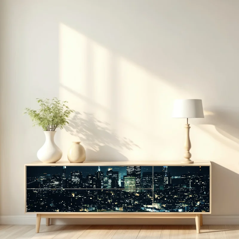Repositionierbarer Aufkleber straße zur beleuchteten stadtsilhouette bei nacht • Repositionierbare Aufkleber bei Wallnifity® Repositionierbarer Aufkleber straße zur beleuchteten stadtsilhouette bei nacht • Repositionierbare Aufkleber bei Wallnifity®