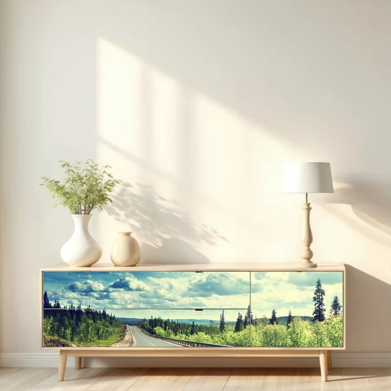 Repositionierbarer Aufkleber sonnenbeschienene waldstraße bis zum horizont Repositionierbarer Aufkleber sonnenbeschienene waldstraße bis zum horizont