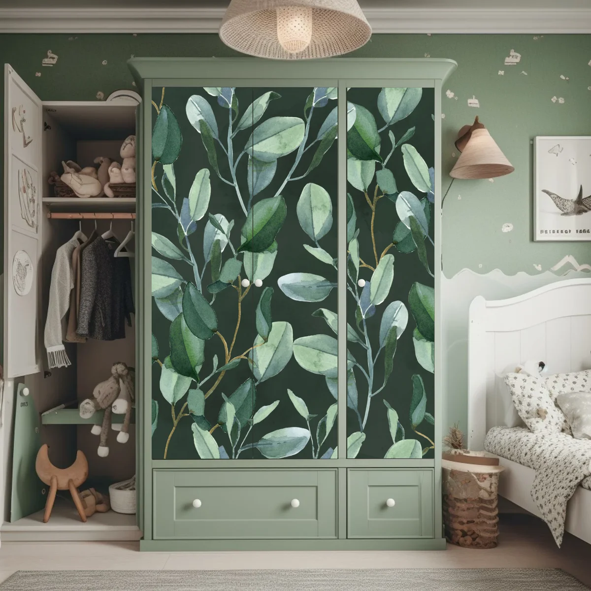 Schrankaufkleber aquarell eukalyptusblätter muster auf dunkelgrünem hintergrund Schrankaufkleber aquarell eukalyptusblätter muster auf dunkelgrünem hintergrund