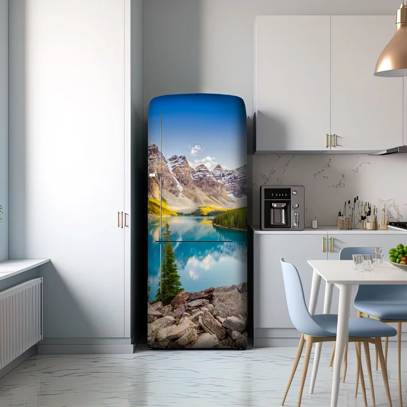 Kühlschrankaufkleber sonnenbeschienenes Moraine Lake bergpanorama