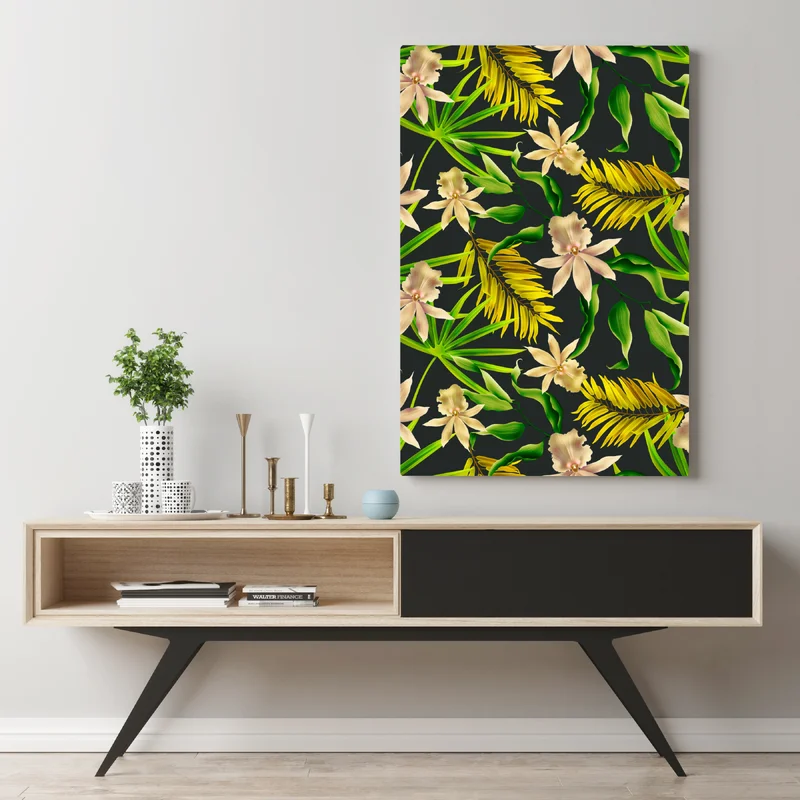 Leinwandbild tropisches orchideenmuster auf dunklem hintergrund Leinwandbild tropisches orchideenmuster auf dunklem hintergrund