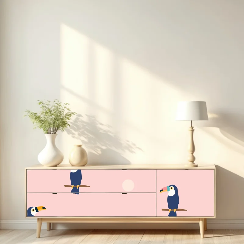 Repositionierbarer Aufkleber verspieltes tukanmuster auf pastellrosa
