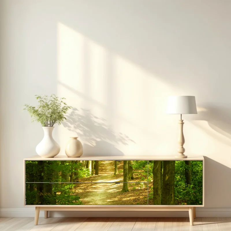 Repositionierbarer Aufkleber sonniger waldpfad