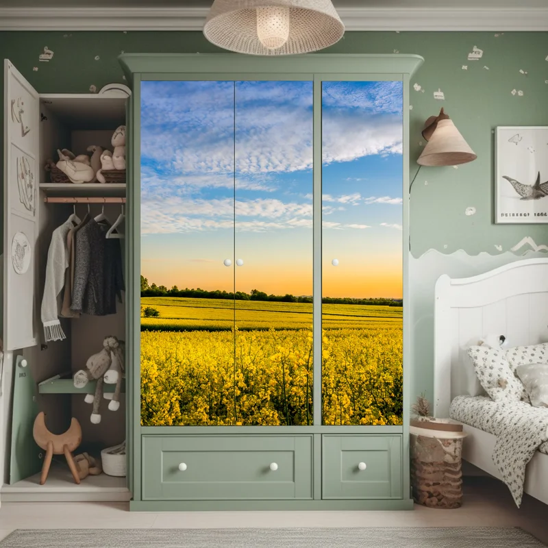 Schrankaufkleber sonnenbeschienenes rapsfeld im abendlicht