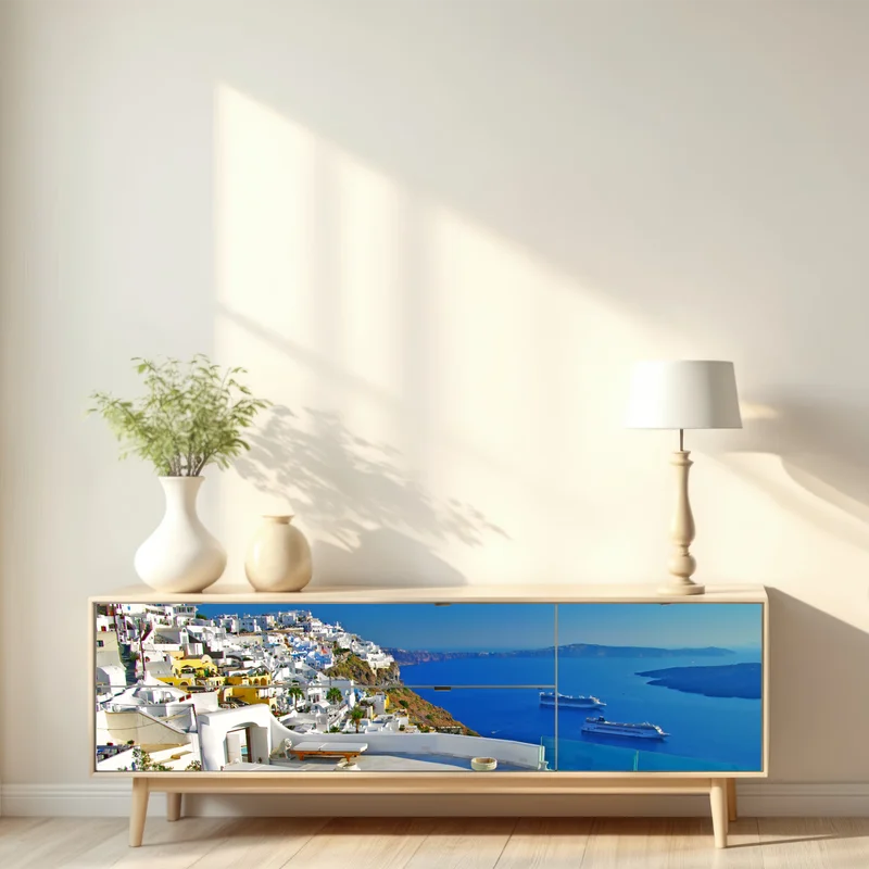 Repositionierbarer Aufkleber Santorini meerblick mit pool