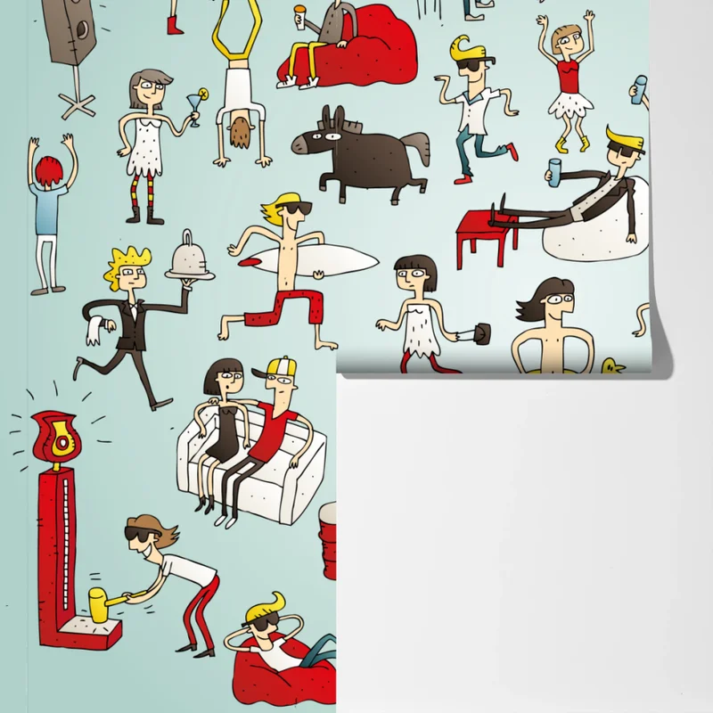 Fototapete verspielte cartoonszene auf türkisem hintergrund Fototapete verspielte cartoonszene auf türkisem hintergrund