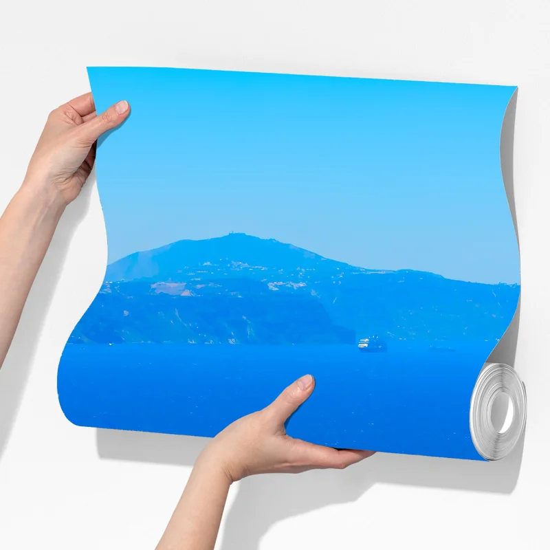 Fototapete sonniger blick auf Santorini mit weißen häusern und blauem meer Fototapete sonniger blick auf Santorini mit weißen häusern und blauem meer