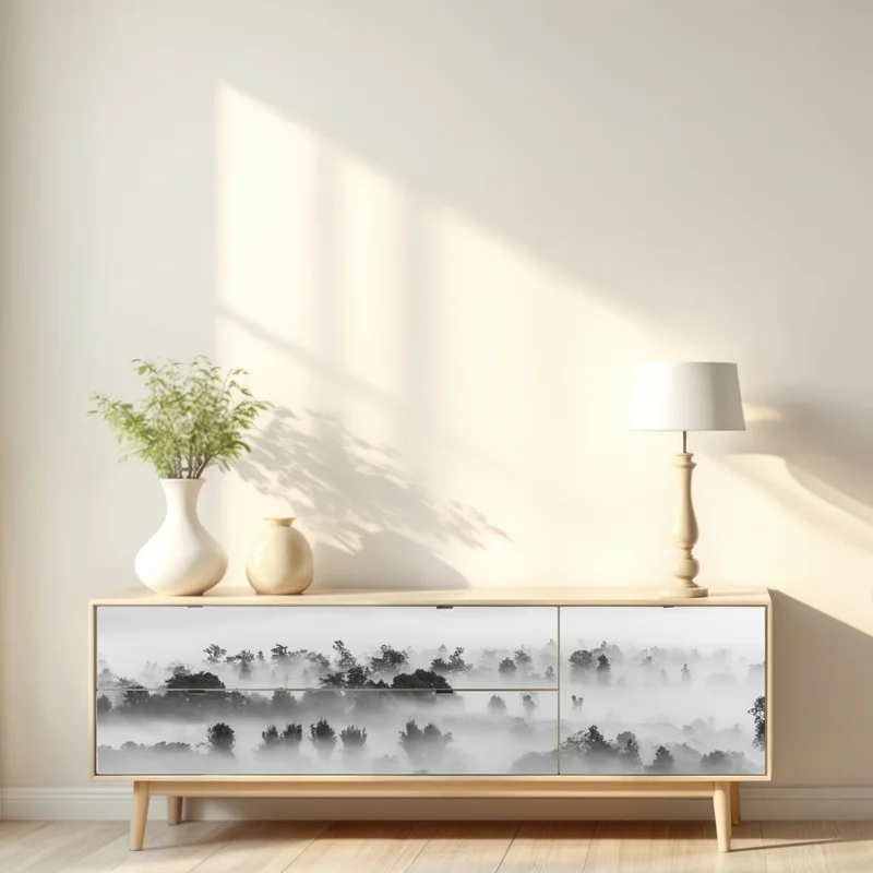 Repositionierbarer Aufkleber nebliger wald in monochrom Repositionierbarer Aufkleber nebliger wald in monochrom