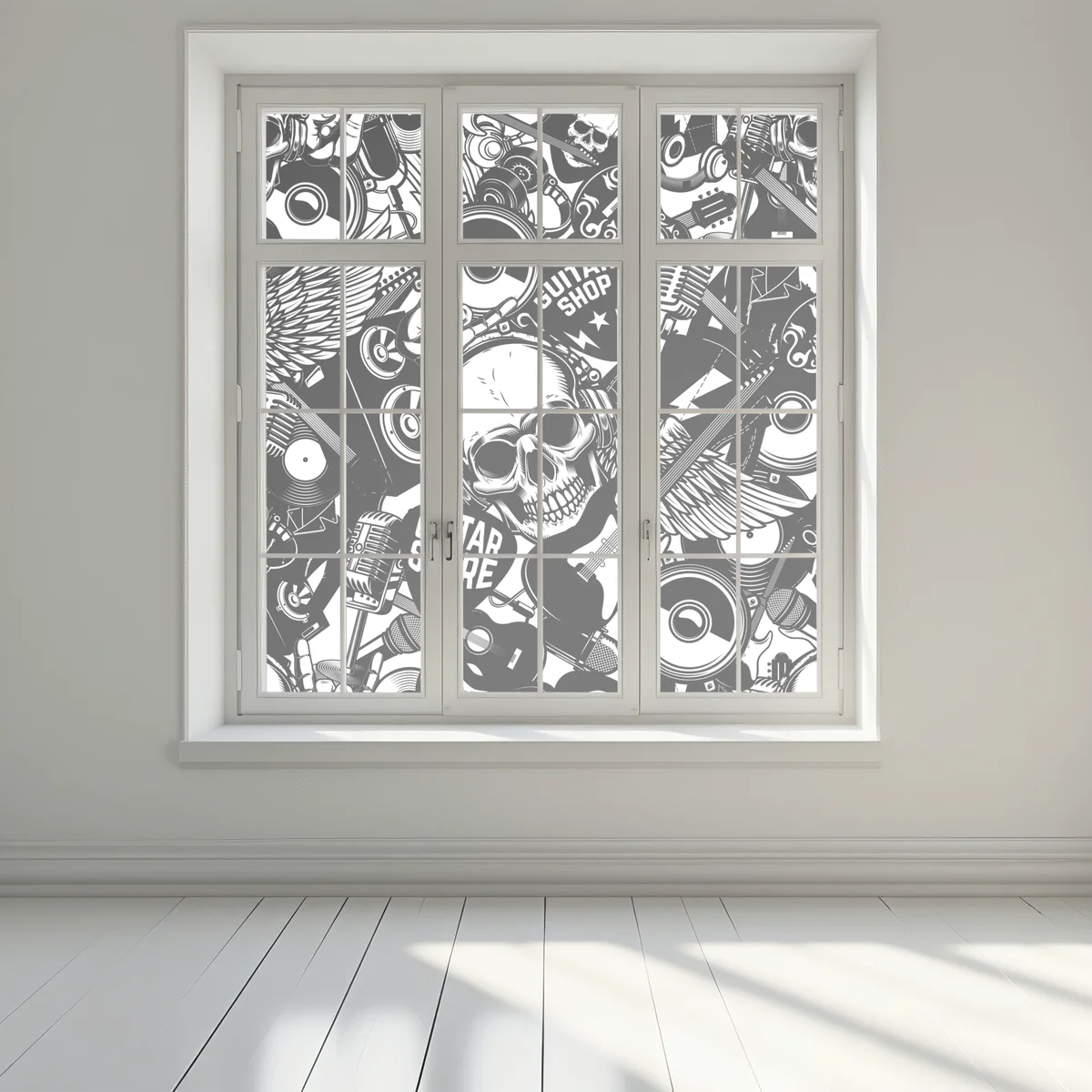 Fensteraufkleber rock-collage mit schädel und gitarre Fensteraufkleber rock-collage mit schädel und gitarre