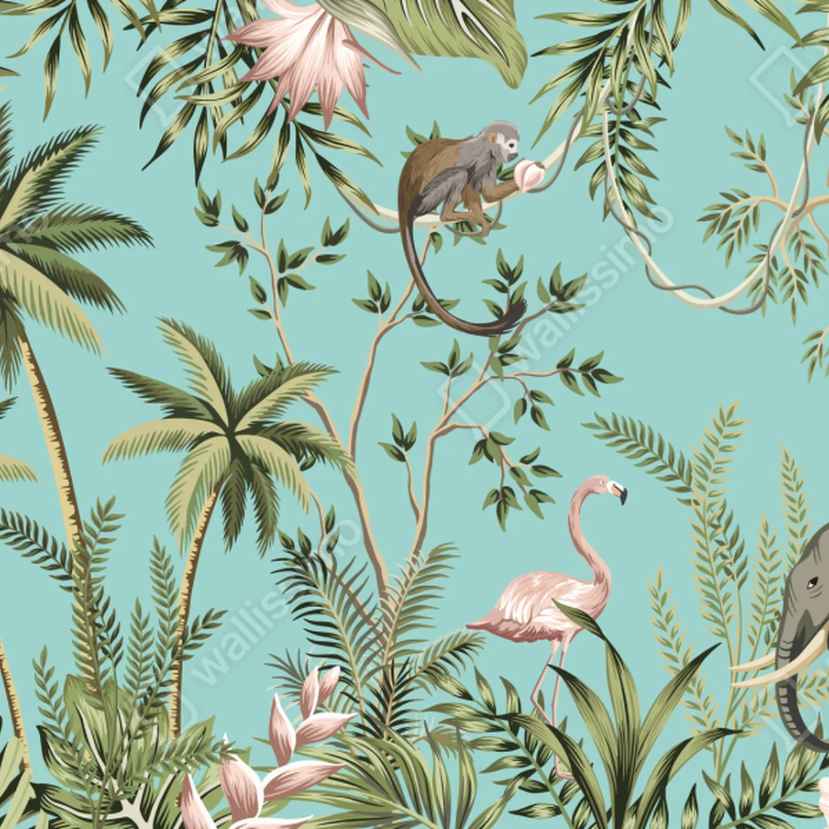 Tischaufkleber und Schreibtischaufkleber tropische dschungelszene mit elefant und flamingo Tischaufkleber und Schreibtischaufkleber tropische dschungelszene mit elefant und flamingo