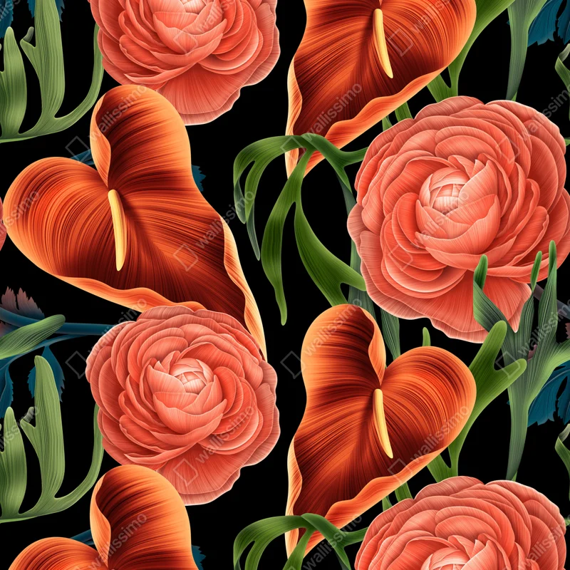 Leinwandbild lebhaftes korallenblumenmuster auf schwarzem hintergrund Leinwandbild lebhaftes korallenblumenmuster auf schwarzem hintergrund