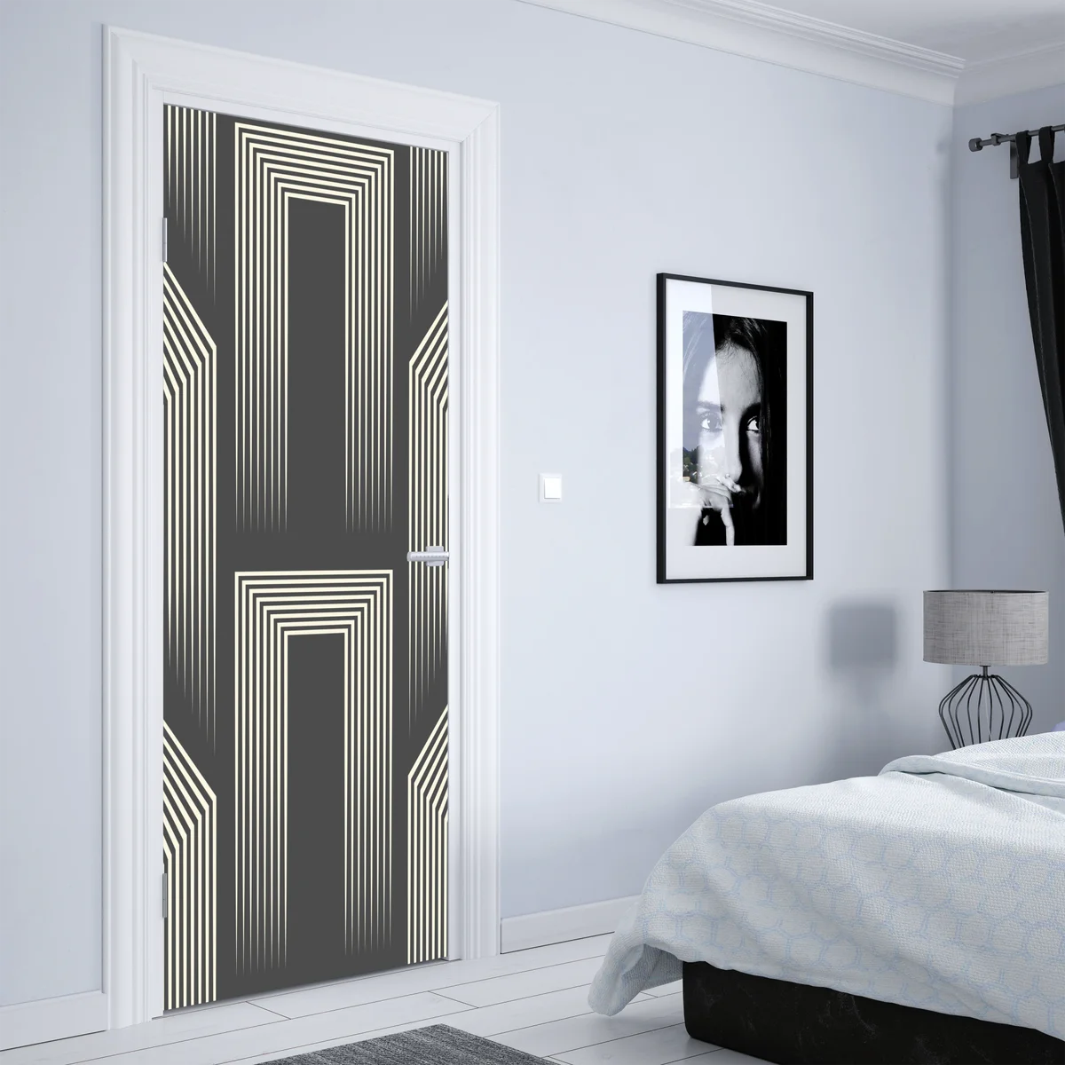 Türaufkleber geometrisches art-deco-muster in grau und beige Türaufkleber geometrisches art-deco-muster in grau und beige