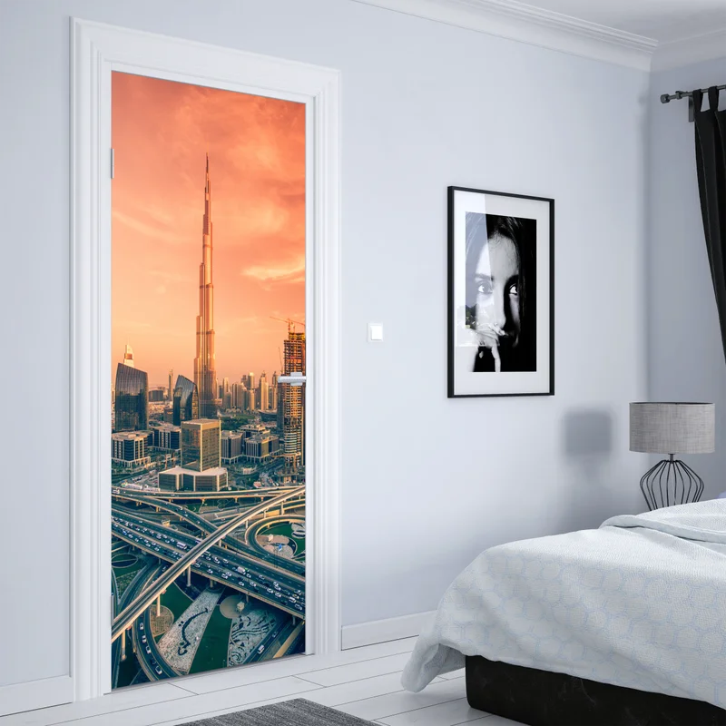 Türaufkleber Dubai skyline bei sonnenuntergang