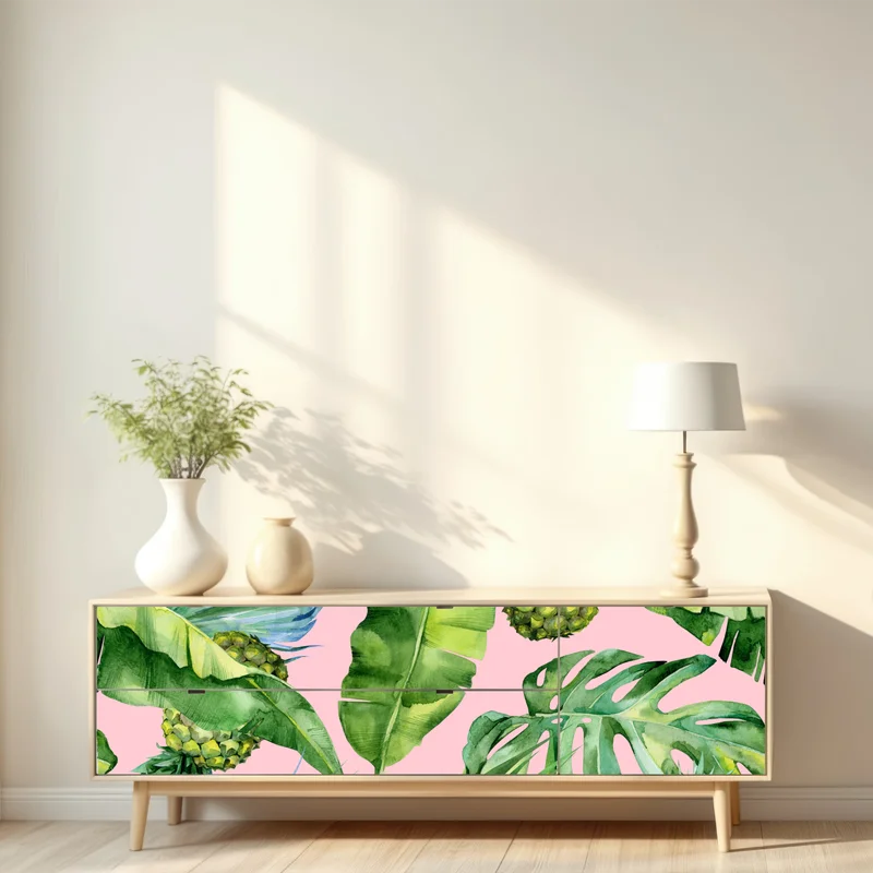 Repositionierbarer Aufkleber tropisches ananas- und blattmuster in aquarell auf rosa hintergrund