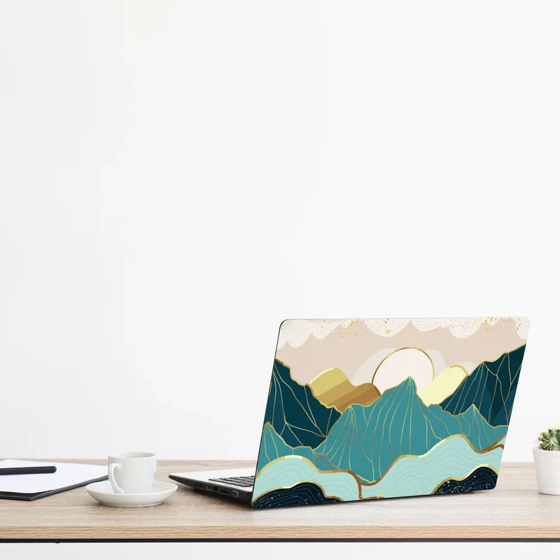 Naklejka na laptopa turkusowe góry o złotych akcentach