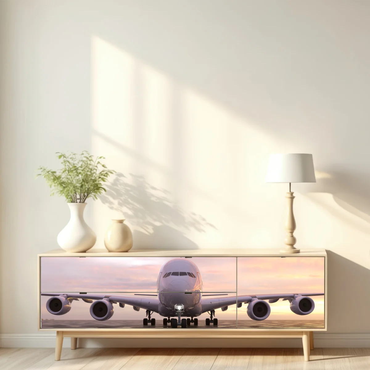 Repositionierbarer Aufkleber jet auf der startbahn bei sonnenuntergang Repositionierbarer Aufkleber jet auf der startbahn bei sonnenuntergang