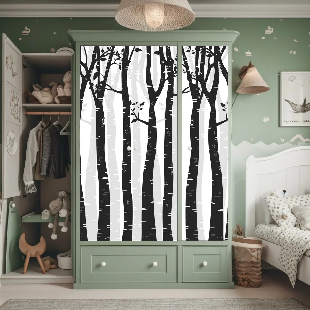 Schrankaufkleber monochromatischer birkenwald Schrankaufkleber monochromatischer birkenwald