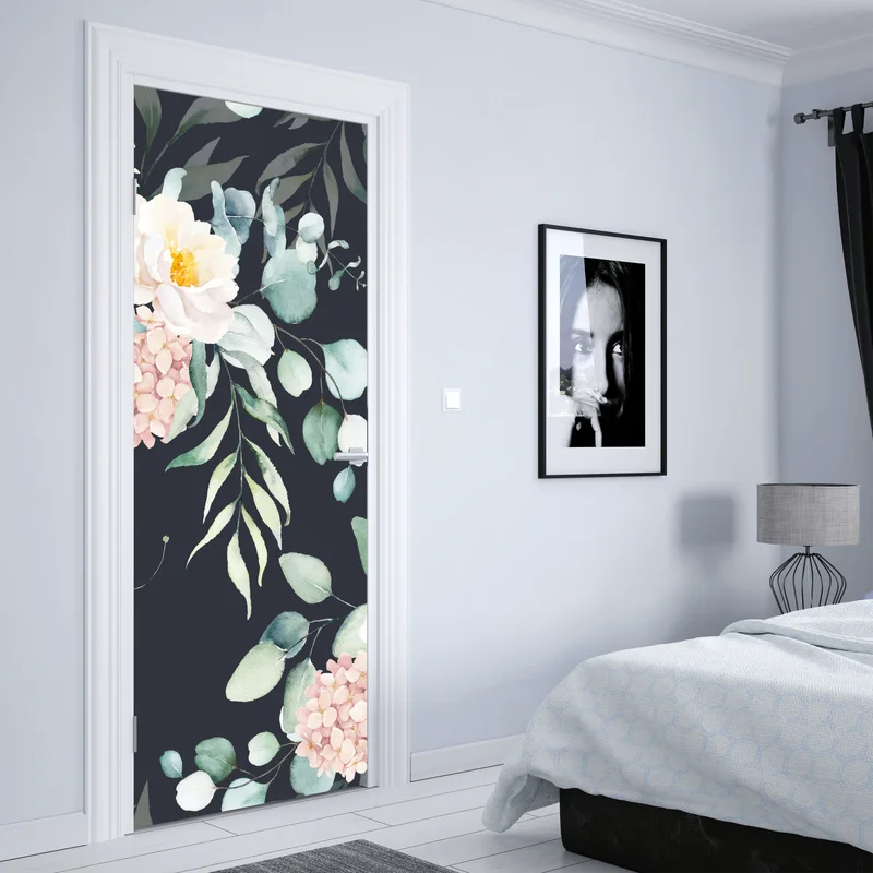 Türaufkleber elegantes aquarell-blumenmuster auf dunklem hintergrund Türaufkleber elegantes aquarell-blumenmuster auf dunklem hintergrund