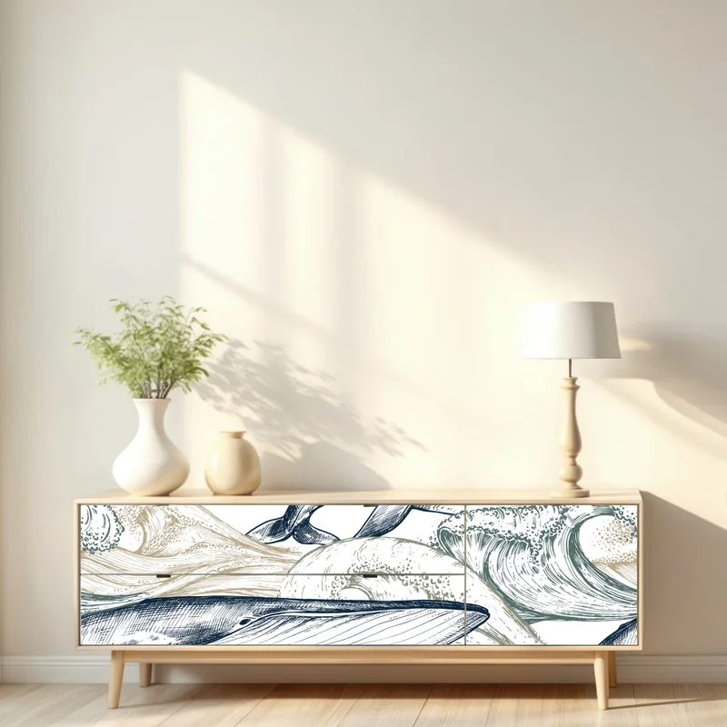 Repositionierbarer Aufkleber handgezeichnete wale und ozeanwellen